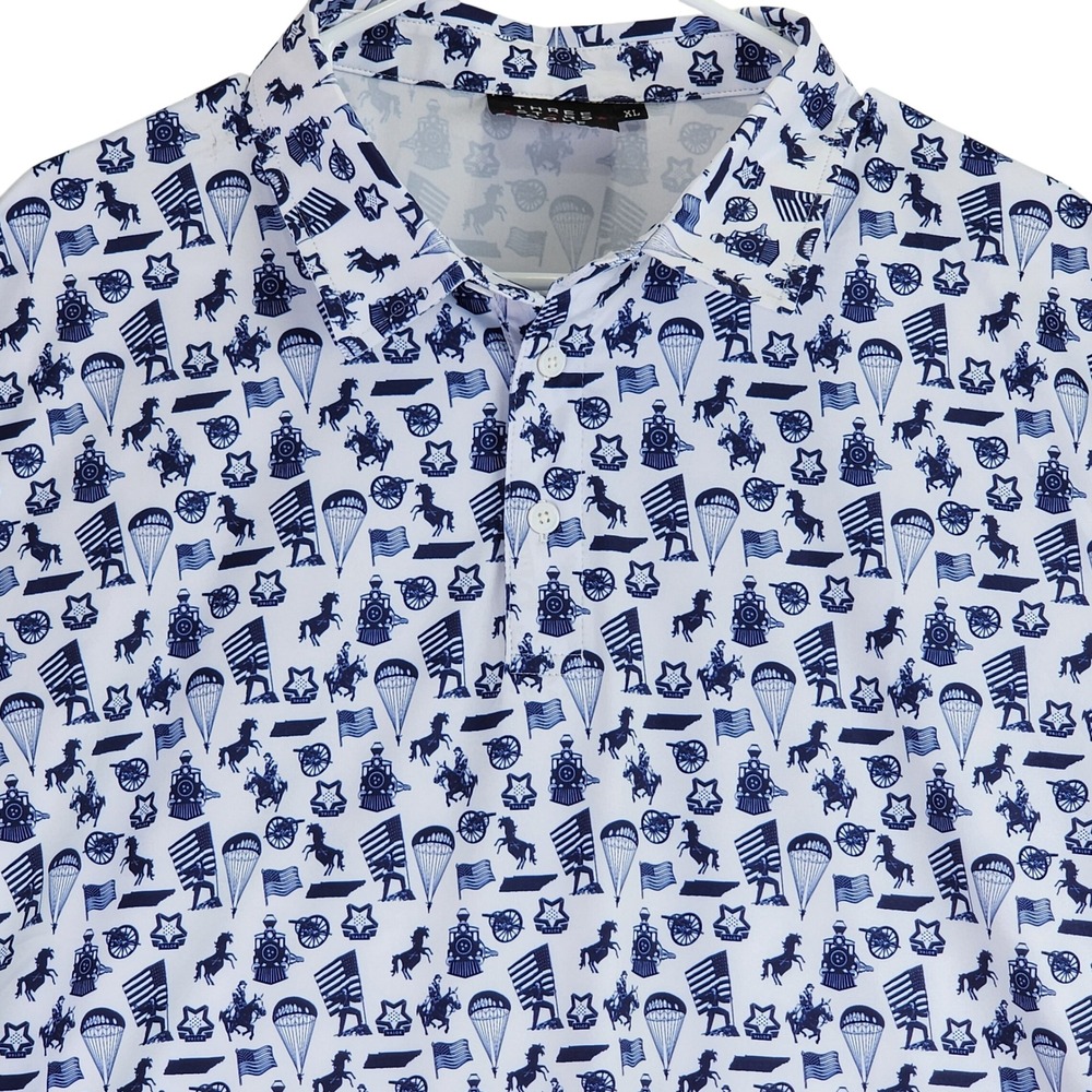 Three Stars Golf Patriotic All Over Print Polo Mens XL White Navy Americana